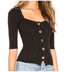 Free People Ribbed Square Neck Button Front Top XS Black Bohemian Basic